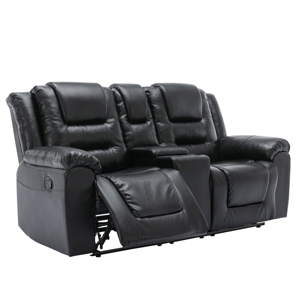 English Elm Home Theater Recliner Set Manual recliner with wide armrests, dual cup holders, durable PU upholstery, sturdy iron frame and foam comfort for living room and bedroom relaxation Black SG001460AAB
