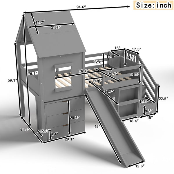 English Elm Full Size Metal Loft Bed with Stair Storage Shelves Bookshelf for Dorms Bedroom W1580S00396