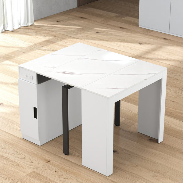 English Elm Modern Extendable Dining Table with Built-In Outlet, USB Ports & Storage, Space-Saving Console to 118" White W331S00193