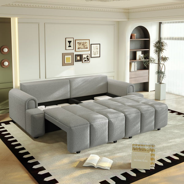English Elm 90.2" Plush Teddy Fabric Convertible Sleeper Sofa with Hidden Storage for Living Room Light Grey W1885S00312