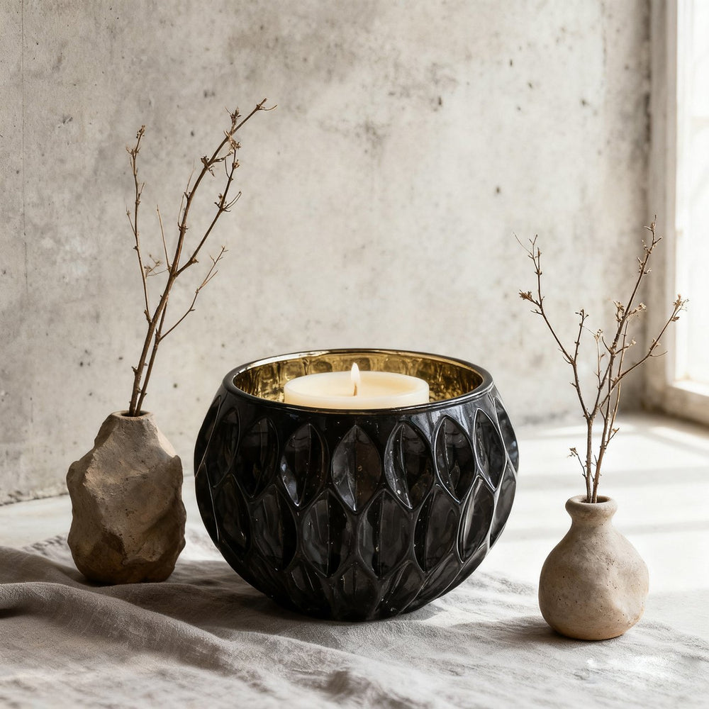 English Elm 5.9" Shiny oval cutout glass candleholder with gold mercury interior for warm ambient glow, 4-pack Black+Gold W2078P392161