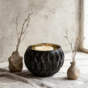 English Elm 5.9" Shiny oval cutout glass candleholder with gold mercury interior for warm ambient glow, 4-pack Black+Gold W2078P392161