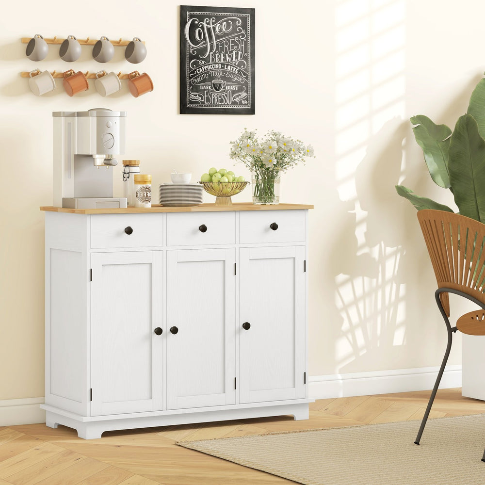 English Elm Homcom Distressed White Sideboard With Solid Wood Top, Versatile Storage Cabinet For Kitchen & Living Room W2225P229095