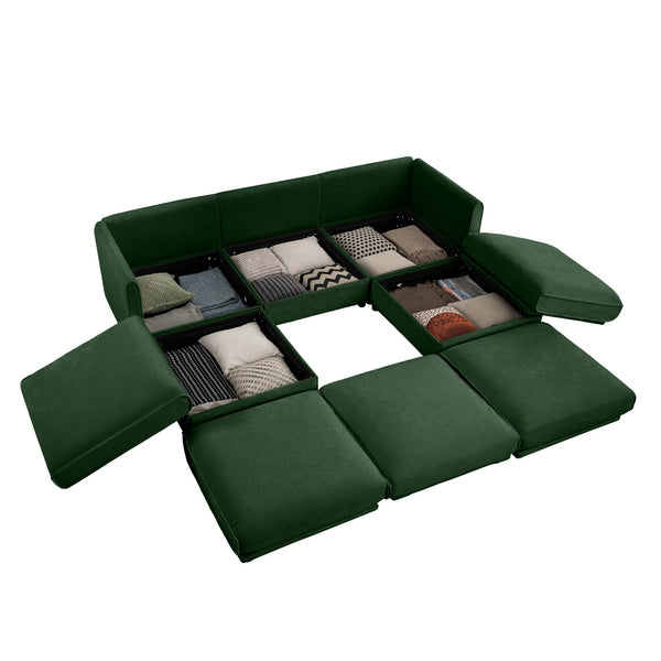 English Elm Elegant Green Chenille Sofa With Hidden Storage, U-Shaped Design And Comfortable Cylindrical Backrests W714S01062