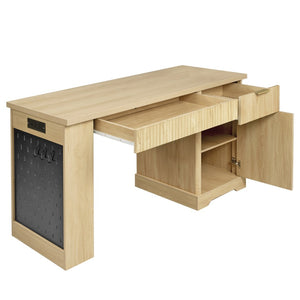 English Elm 55" Fluted White Computer Desk with Power Outlet Pegboard Cabinet and Keyboard Tray W2917P396017