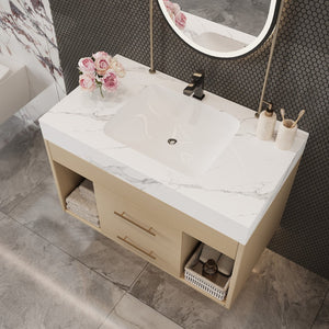 English Elm 29.9" Floating Bathroom Vanity Sintered Stone Top Soft Close Drawers Bronze Gold Hardware White,Wood W3136S00039