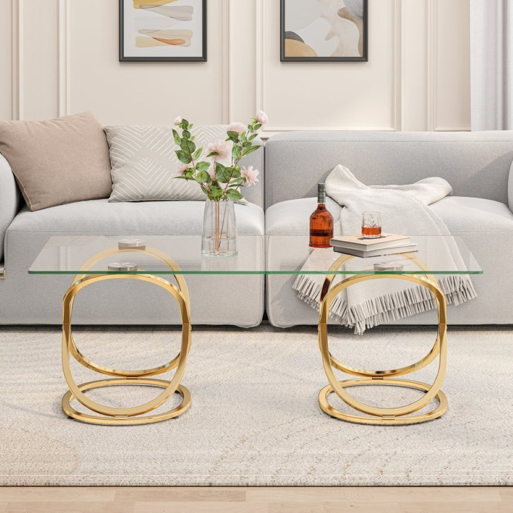 English Elm 31.50'' Sculptural Chrome Ring Base Coffee Table Gray Tempered Glass Luxury Living Room W757P412783