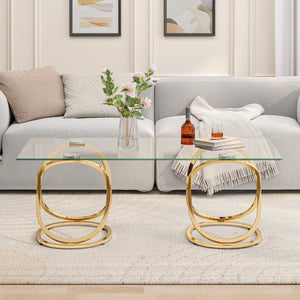 English Elm 31.50'' Sculptural Chrome Ring Base Coffee Table Gray Tempered Glass Luxury Living Room W757P412783