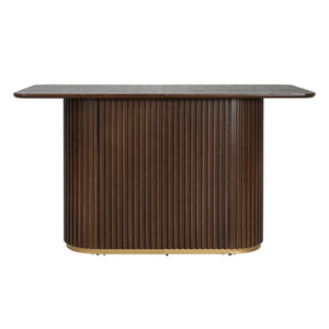 English Elm 63.00"l Tambour Pedestal Counter Table Seats Six with Industrial Mid-century Matte Finish Walnut N771P358596T_N771P358597T