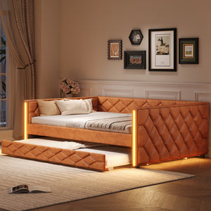 English Elm Full XL Upholstered Daybed with Trundle and Built-In LED Lighting, Tufted Arms, Solid Wood Frame Brown N7090000611D