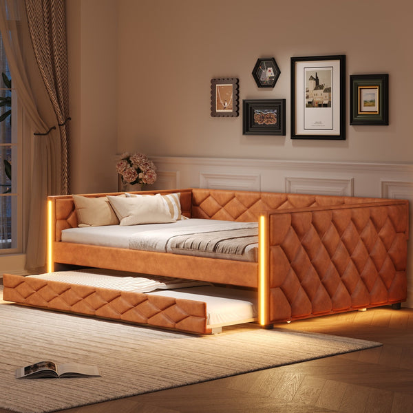English Elm Full XL Upholstered Daybed with Trundle and Built-In LED Lighting, Tufted Arms, Solid Wood Frame Brown N7090000611D