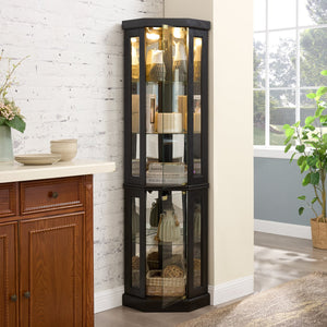 English Elm Lighted Corner Curio Cabinet - Elegant Display Case With Built-In Lighting For Antiques & Collectibles W2275P292657