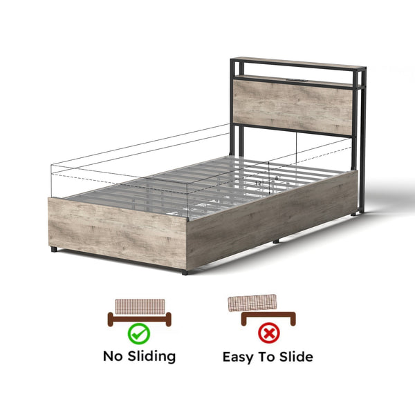 English Elm Twin Bed Frame with Storage Headboard, USB Charging, RGB LED Lights, 4 Drawers, Sturdy Gray Wash W2129P272269