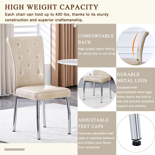 English Elm A Set of 2 Crystal Button Faux Leather Dining Chairs with Embossed Croc Texture Beige,Silver W3226P344041