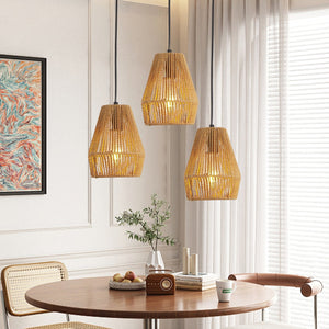 English Elm 7" Rustic Hemp Rope Pendant Light Set of 3 - Handcrafted Farmhouse Ceiling Lamps, Adjustable Height, Natural Woven Iron Fixture for Kitchen Island, Dining Room, Living Room W2312P368682