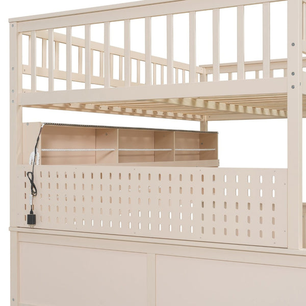 English Elm Full Xl Over Queen Bunk Bed Pinewood Frame with Led Lights Shelving Pegboard Beige LT000279AAA