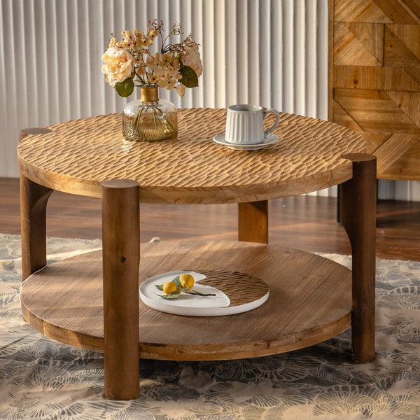 English Elm Round Solid Wood Coffee Table 2-Tier with Storage Shelf, Mid-Century Modern, Compact Durable Design W3158P297420
