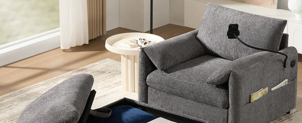 English Elm 37" Oversized Chenille Armchair with Ottoman Usb Charging Pocket Spring Living Room Gray N723P387145E