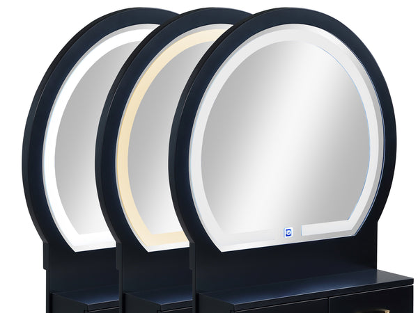 English Elm 3pc Vanity Set with LED Mirror and Cushioned Stool, Gold-Accented Handles, Sleek Modern Dressing Table Black 21.75 L x 33.25 W x 13.5 H B011P378509