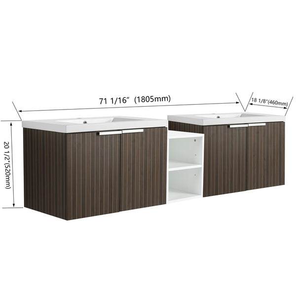 English Elm 72 Inch Soft Close Vanity with Resin Sink & Small Shelves, Wall-Mounted 72" Dual-Door Storage, Eco Plywood Finish W999S00261