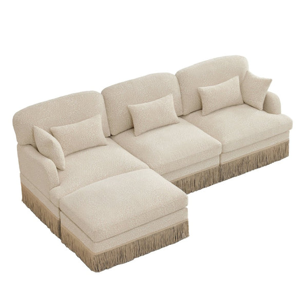 English Elm 100"comfy Chenille Leopard Print Sectional Sofa with Tassel Trim and Movable Ottoman Beige W5656S00005