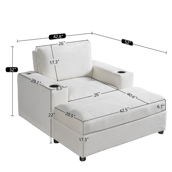 English Elm Christopher Knight Home® - 42.8" Oversized Chaise Lounge with Storage Ottoman, Corduroy Upholstery, USB Port & Cup Holders for Cozy Living Space Beige N765P350851W