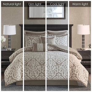 English Elm 8 Piece Jacquard Comforter Set - Luxurious Tan/Ivory Queen Ensemble With Elegant Medallion Design B035128885