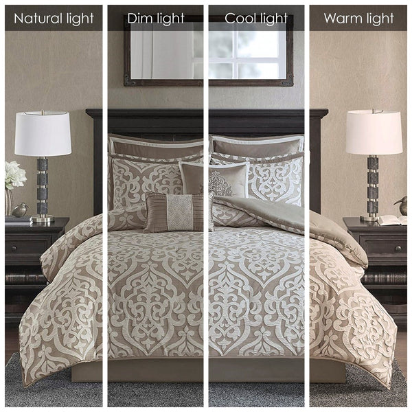 English Elm 8 Piece Jacquard Comforter Set - Luxurious Tan/Ivory Queen Ensemble With Elegant Medallion Design B035128885