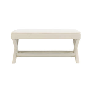 English Elm Comfort Velvet Upholstered Bench with X-crossed Legs Piped Cushion Mid-century Style Beige W2671P441828