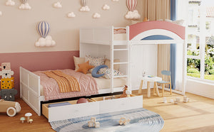 English Elm Full Size Offset Bunk Bed with Wardrobe Hanging Rod Drawers and Upholstered Rail White N820S00081K