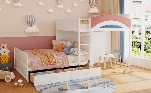 English Elm Full Size Offset Bunk Bed with Wardrobe Hanging Rod Drawers and Upholstered Rail White N820S00081K