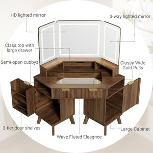 English Elm 47.2" Corner Lighted Makeup Vanity with Fluted Panel Tri-fold Mirror and Charging Station Walnut N704P392485P