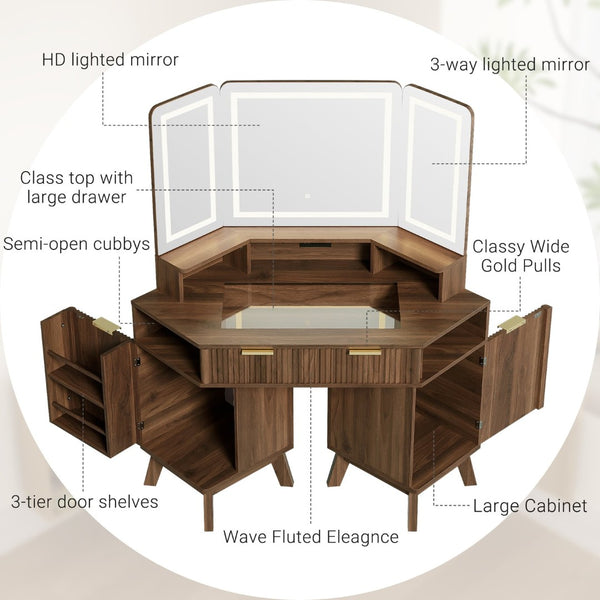 English Elm 47.2" Corner Lighted Makeup Vanity with Fluted Panel Tri-fold Mirror and Charging Station Walnut N704P392485P