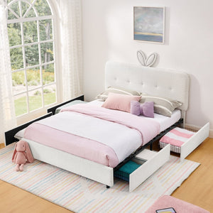 English Elm Queen Boucle Upholstered Kids Bed with Rabbit Ear Headboard Led Lighting Storage Drawers Beige W1413P384927
