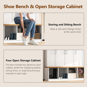 English Elm Wood Entryway Hall Tree with Bench Seating Coat Hooks Shoe Cubbies Cabinet White W5271S00004