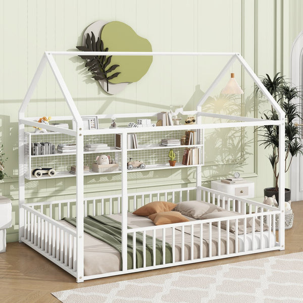 English Elm Full Metal House Bed Frame Full Size with Built-In Fence and 4 Grid Shelves for Durable Storage and Style White N737P175361K