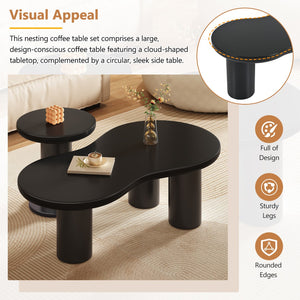 English Elm Easy Assembly Nesting Coffee Table Set Of 2, Cream Style Cloud Coffee Table With Round Small Side Table, Irregular Center Table With Thick Legs For Living Room, Black, 39.3''X 13.7'',Φ15.7''