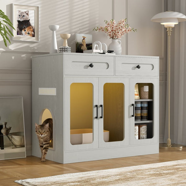 English Elm Cat Litter Box Cabinet with Glass Doors Led Light Drawers and Wood Grain Finish Gray N704P395520E