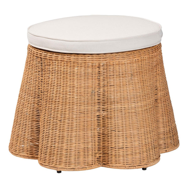 English Elm Scallop Handwoven Rattan Round Pouf Coastal Boho Footrest for Living Room or Bedroom B2750P467847