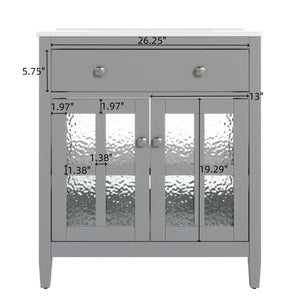 English Elm Christopher Knight Home® - 30" Bathroom Vanity with Ceramic Sink, Solid Wood Legs, Adjustable Shelf, Tip-Out Tray, Soft-Close Hinges, Silver Knobs, Moisture-Resistant Finish Gray N817P286250G