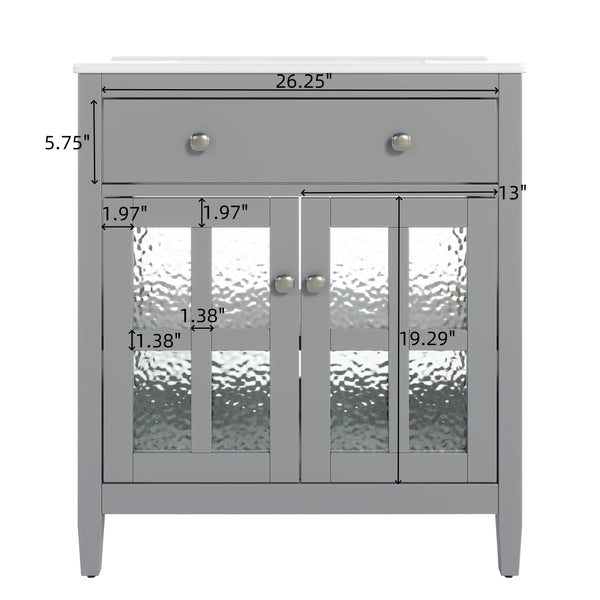 English Elm Christopher Knight Home® - 30" Bathroom Vanity with Ceramic Sink, Solid Wood Legs, Adjustable Shelf, Tip-Out Tray, Soft-Close Hinges, Silver Knobs, Moisture-Resistant Finish Gray N817P286250G