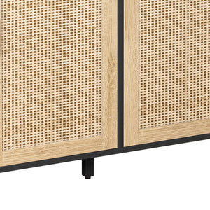 English Elm 62.20"Elegant 4-Door Rattan Storage Cabinet with Solid Wood Legs, Black, Spacious Shelves & Easy Assembly W757P174987