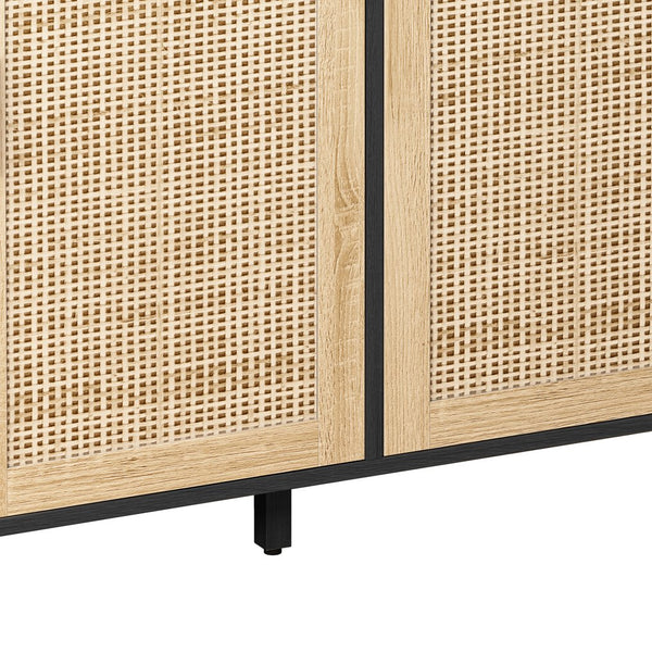English Elm 62.20"Elegant 4-Door Rattan Storage Cabinet with Solid Wood Legs, Black, Spacious Shelves & Easy Assembly W757P174987