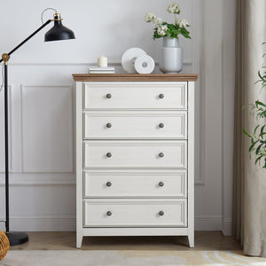 English Elm Modern 5-Drawer Dresser Tall Chest with Smooth-Glide Drawers, Metal Handles, Stable Feet, Beige Finish W2275P233488