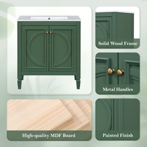 English Elm [video] 60 Inch Freestanding Double Sink Bathroom Vanity with Ceramic Basins Soft Close Storage Green N759S226000F