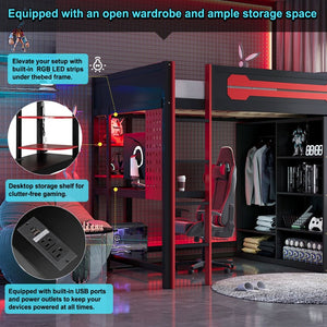 English Elm Full Size Gaming Loft Bed with Rgb Lighting Integrated Desk and Open Wardrobe N820S00073J
