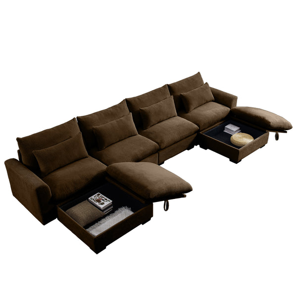 English Elm Big Deep Seat U-Shaped Corduroy Sectional Sofa with Storage Ottomans & Lumbar Pillows, Cozy Modular Design Brown W714S00664