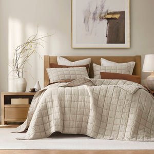 English Elm 3-piece French Linen Quilt Set King Garment Washed Box Stitch Breathable Bedding Linen B035P408298