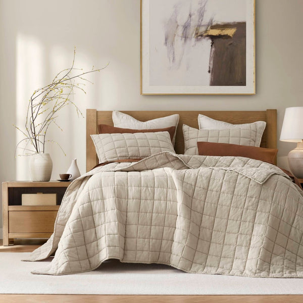 English Elm 3-piece French Linen Quilt Set King Garment Washed Box Stitch Breathable Bedding Linen B035P408298