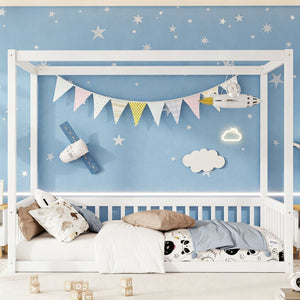 English Elm Twin Canopy Floor Bed Rubberwood Frame with Fence Guardrails for Kids Bedroom White W504P351802